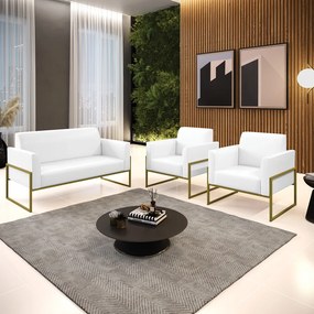 Sofá Namoradeira com 2 Poltronas Base Industrial Alta Dourado Marisa Corano D03 - D'Rossi - Branco