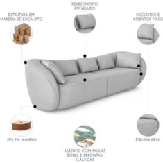 Sofá 4 Lugares 292cm Orgânico Pé Madeira Yume Veludo Cinza Z55 - Mpoze