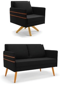 Kit 01 Namoradeira 02 Lugares e 01 Poltrona Mari Suede Base de Madeira MA30 - D'Rossi - Preto