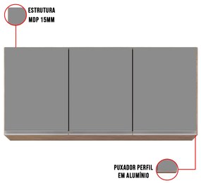 Armário Aéreo de Cozinha Lavanderia 03 Portas Tina 120 cm L06 - D'Rossi - Castanho e Cinza