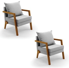 Kit 02 Poltronas Alice Suede Cinza Base de Madeira D03 - D'Rossi