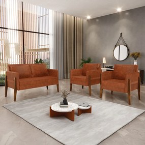 Kit 1 Sofá Namoradeira e 2 Poltronas Lana Corano Nozes Base de Madeira