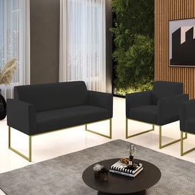 Sofá Namoradeira com Poltrona Base Industrial Dourado Marisa Veludo D03 - D'Rossi  - Preto