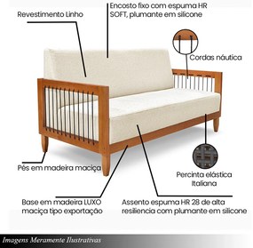 Sofá Namoradeira 2 Lugares Sala de Estar Pés Madeira Maciça Corda Náutica Preta 160cm Manila Linho Off White Rústico G63 - Gran Belo