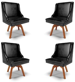 Kit 4 Cadeiras Decorativas Sala de Jantar Base Giratória de Madeira Firenze PU Preto Brilho/Natural G19 - Gran Belo