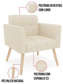 Kit 1 Sofá Namoradeira e 1 Poltrona Elisa Linho Pés Palito Natural D03 - D'Rossi - A19 Bege