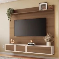 Painel TV 70 Pol 180cm Bancada Suspensa Max Off/Castanho - HB Móveis