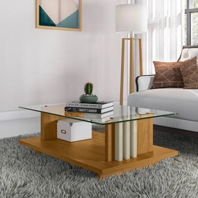 Mesa de Centro Para Sala Ripado Tampo de Vidro Mirezi M20 - D'Rossi - Cumaru e Opala