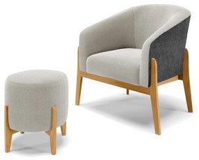 Poltrona e Puff Decorativo Base Madeira Stella PU Preto/Bouclê D03 - D'Rossi - Cinza