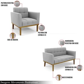 Conjunto Poltrona e Namoradeira Decorativas Karen Pés Fixo em Madeira Castanho Suede Cinza G19 - Gran Belo