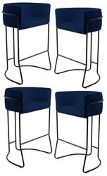 Kit 4 Banquetas Decorativas Base Aço Preto Betina Veludo C-304 Azul Ma