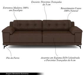 Sofá Living 4 lugares 252cm Agostino Pés Design em Ferro Couro Marrom Manchado G52 - Gran Belo