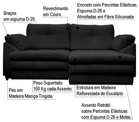 Sofá Retrátil 3 Lugares Bipartido Sala de Estar Piece 215cm Couro Preto - Gran Belo