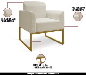 Poltrona Decorativa Isabella Base Industrial Linho Bege/Dourado G19 - Gran Belo