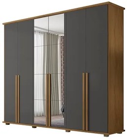 Guarda-Roupa Casal Com Espelho 6 Portas 5 Gavetas Estrela Cinamomo/Grafite – RV Móveis
