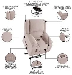 Poltrona do Papai Reclinável Pietra Elevação Lift Elétrico FH9 Veludo
