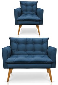 Kit 1 Sofá Namoradeira e 1 Poltrona Tais Suede Azul Marinho Pés Palito Castanho - D'Rossi