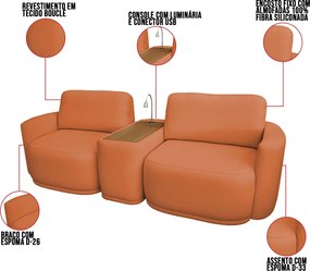 Sofá Sala Modulado 251cm com Console USB Luminária Brumma Bouclê K01 - D'Rossi - Terracota