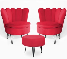 Conjunto 2 Poltrona Dália com Puff Chloe Pés Hairpin Legs Preto Veludo Vermelho