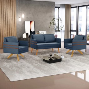 Kit 01 Namoradeira 02 Lugares e 02 Poltronas Mari Suede Base de Madeira MA30 - D'Rossi - Azul Marinho