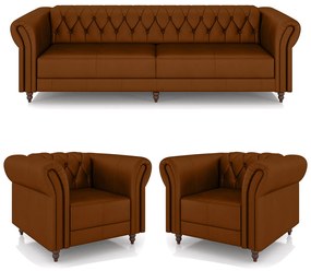 Conjunto Sala de Estar 1 Sofá Living 260cm e 2 Poltronas Stanford Chesterfield Pés Madeira Couro Caramelo G58 - Gran Belo