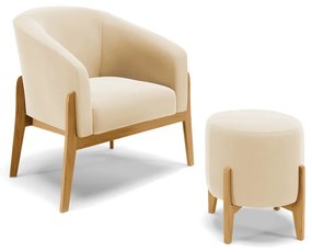 Poltrona com Puff Base de Madeira Stella Suede Bege D03 - D'Rossi