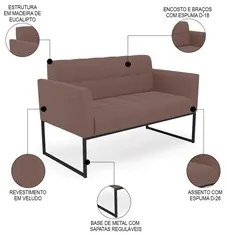 Sofá Namoradeira e 2 Poltronas Base Industrial Preto Ana Veludo Rosê -