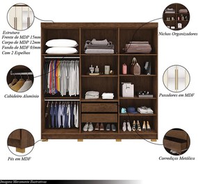 Guarda Roupa Casal Doral 6 Portas de Bater 2 com Espelhos 2 Gavetas Nogueira/OffWhite G98 - Gran Belo
