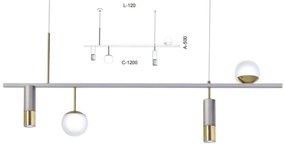 Pendente Retangular Misto 120X12X50Cm Tubo Metal E Globo Ø10Cm 02Xmr11... (PRETO, AMBAR)