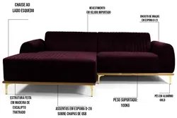 Sofá 350cm 6 Lugares com Chaise Esquerdo Pés Gold Molino C-292 Veludo