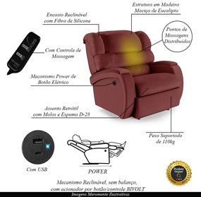 Poltrona do Papai Sala de Cinema Reclinável Kylie Power Elétrica Massagem USB PU Vermelho G23