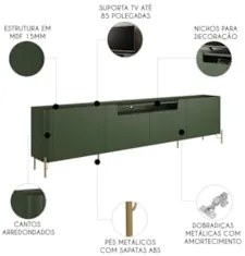 Rack TV 85 Pol 260cm 4 Portas Lisas Blen Musgo/Dourado I06 - Mpozenato