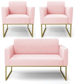 Sofá Namoradeira com 2 Poltronas Base Industrial Dourado Marisa Suede D03 - D'Rossi - Rosa Bebê