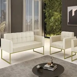 Sofá Namoradeira e 1 Poltrona Base Industrial Dourado Ana Sintético Be