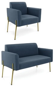 Sofá Namoradeira e Poltrona Pé de Ferro Dourado Marisa Suede D03 - D'Rossi - Azul Marinho