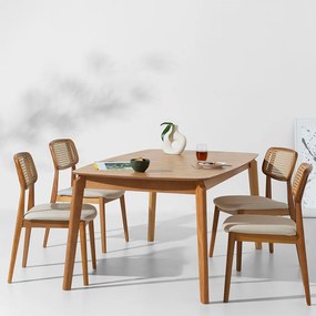 Conjunto Mesa de Jantar Lalá Retangular Carvalho Americano - 1,60mx90cm + 4 Cadeira Lótus Encosto Palha Larga Linne - Cru