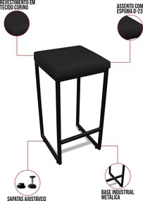Banqueta Alta para Cozinha Industrial Kit 2 Nick Preto e Sintético D03 - D'Rossi - Preto