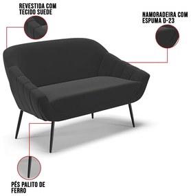 Kit 01 Namoradeira 02 Lugares e 01 Poltrona Giovana Suede Pés Palito de Ferro D03 - D'Rossi - Preto