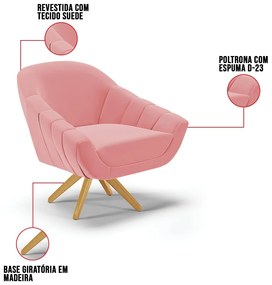 Kit 01 Namoradeira 02 Lugares e 01 Poltrona Giratória Giovana Suede Base Madeira MA30 D03 - D'Rossi - Rose