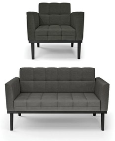 Conjunto Poltrona e Namoradeira Decorativa Karen Pés Fixo em Madeira Preto Linho Cinza Mesclado G19 - Gran Belo