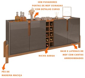 Aparador Buffet 4 Portas Belle 190 cm Cinza Pérola e Cedro com Adega - D'Rossi