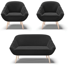 Kit 01 Namoradeira 02 Lugares e 02 Poltronas Giovana Suede Pés Palito Natural - D'Rossi - Preto