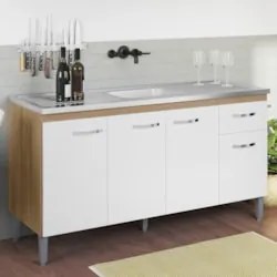 Balcão de Cozinha com Pia Inox 150cm Gabriela Amêndoa/Branco - AJL Móv