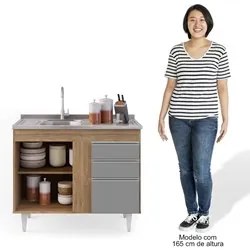 Balcão Gabinete Com Pia Inox 100cm 2 Portas 2 Gavetas Luziania Castanh