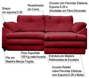Sofá Retrátil 2 Lugares Bipartido Sala de Estar Piece 175cm Couro Vermelho - Gran Belo