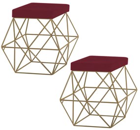 Kit 2 Puffs Decorativo Sala de Estar Base Gold Trixie Suede Bordô G41 - Gran Belo