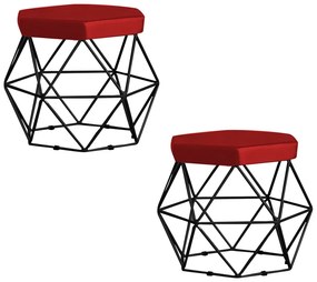 Kit 2 Puff Decorativo Base Preta Elsa Veludo Vermelho G41 - Gran Belo