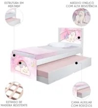 Cama Solteiro Infantil Com Auxiliar 188x88cm Unicórnio K06 - Mpozenato