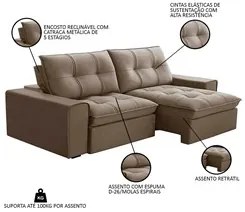 Sofá Retrátil Reclinável 3 Lugares 210cm Argon F05 Veludo Castor - Mpo