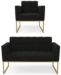 Sofá Namoradeira e 1 Poltrona Base Industrial Dourado Ana Suede Preto